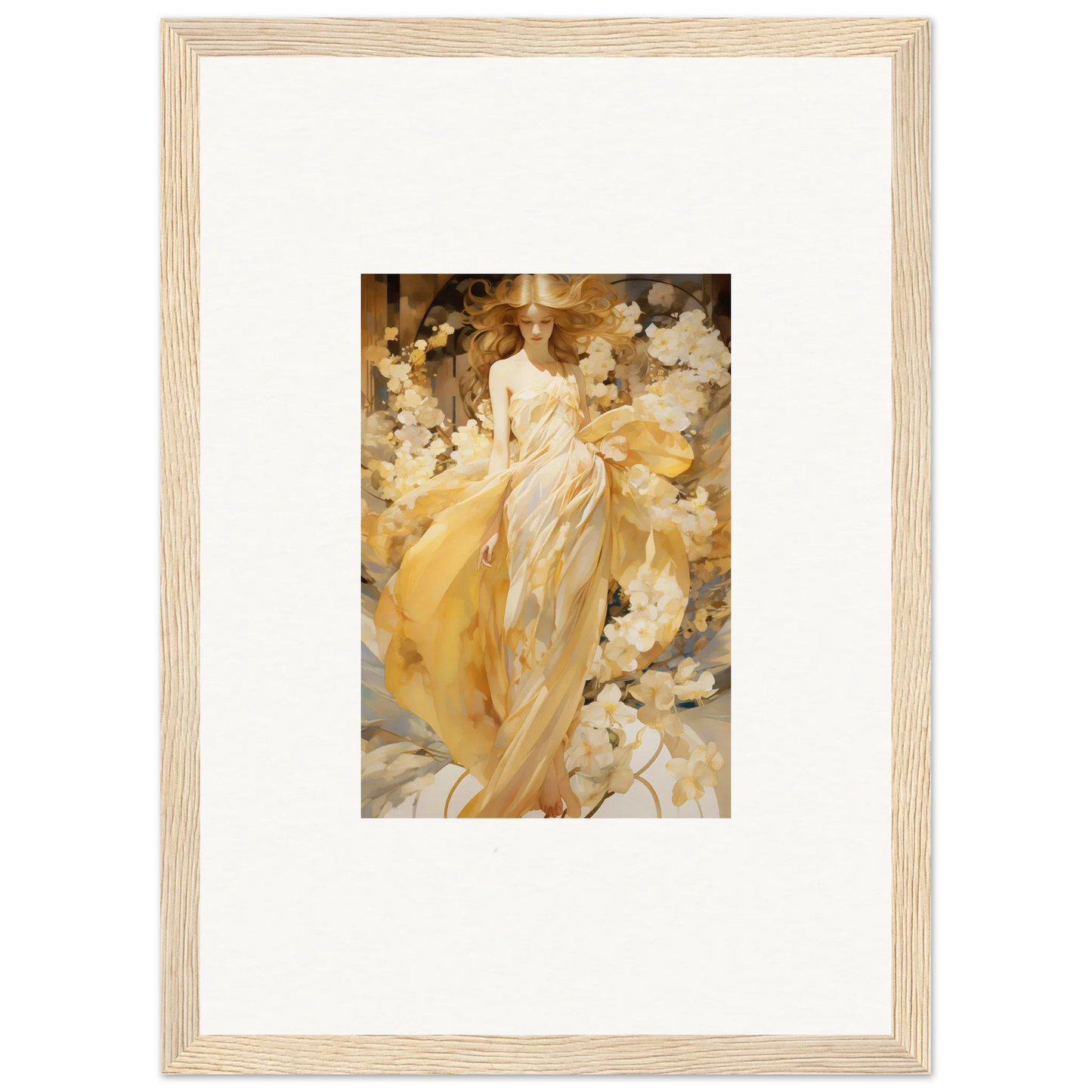 Framed canvas print of Golden Petal Serenade with a figure in a yellow dress