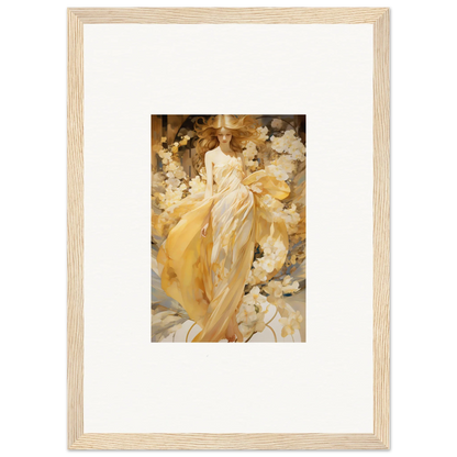 Framed canvas print of Golden Petal Serenade with a figure in a yellow dress