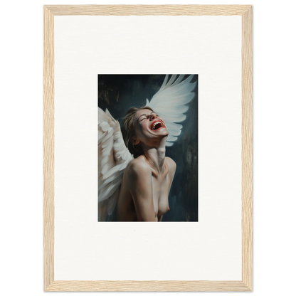 Framed canvas print of a person with white wings laughing, perfect for room decoration