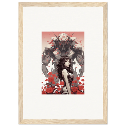 Stylish wall art of a figure and robot among flowers, perfect for room decoration