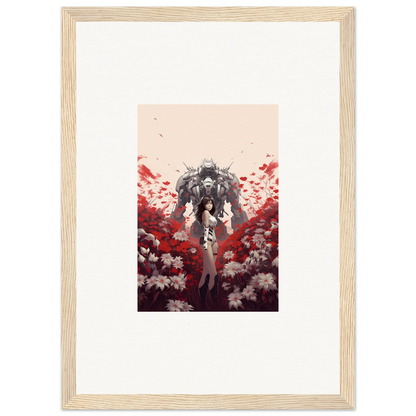 Framed canvas print of a figure in a mech suit among red and white flowers, boundary whimsy