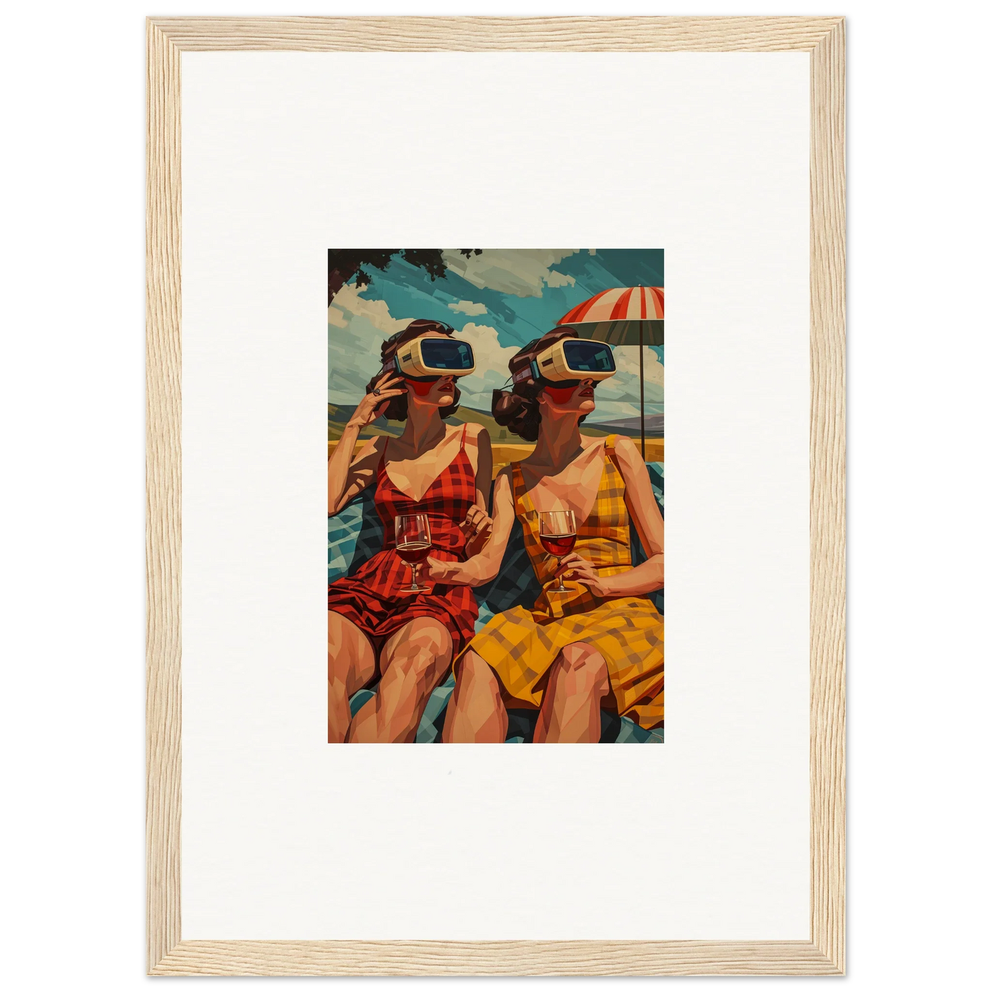 Framed vintage artwork of women in swimsuits with VR headsets, perfect room decoration