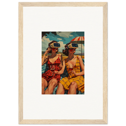 Framed vintage artwork of women in swimsuits with VR headsets, perfect room decoration