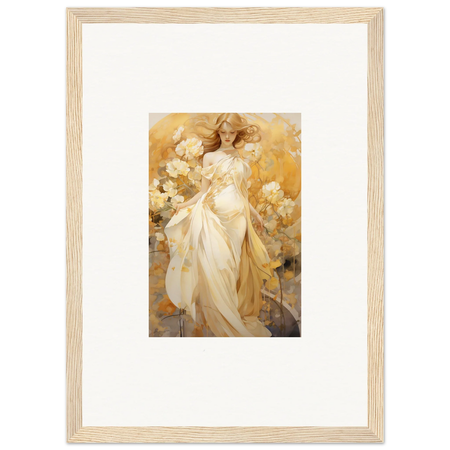 Framed canvas print of an ethereal woman in a silk dream floral setting