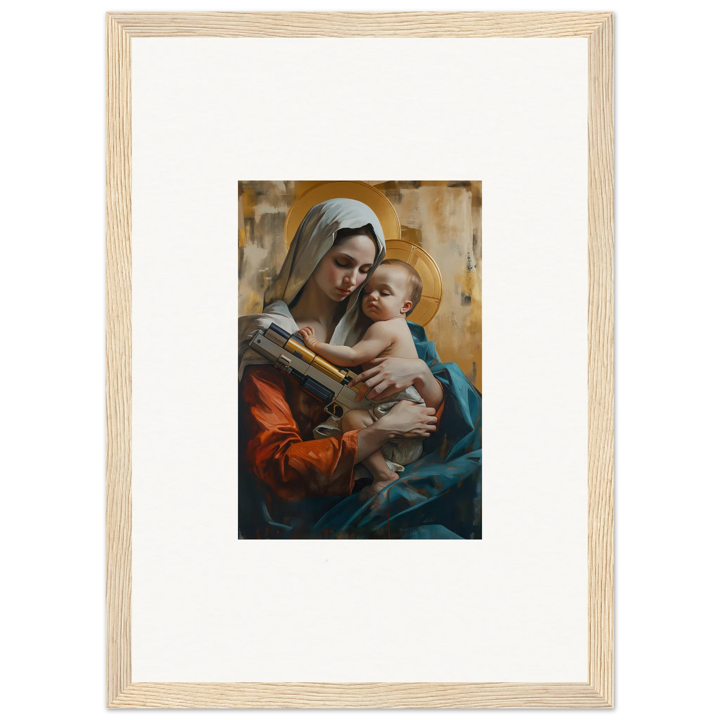 Framed canvas print of a woman holding a baby, perfect for room decoration and wall art