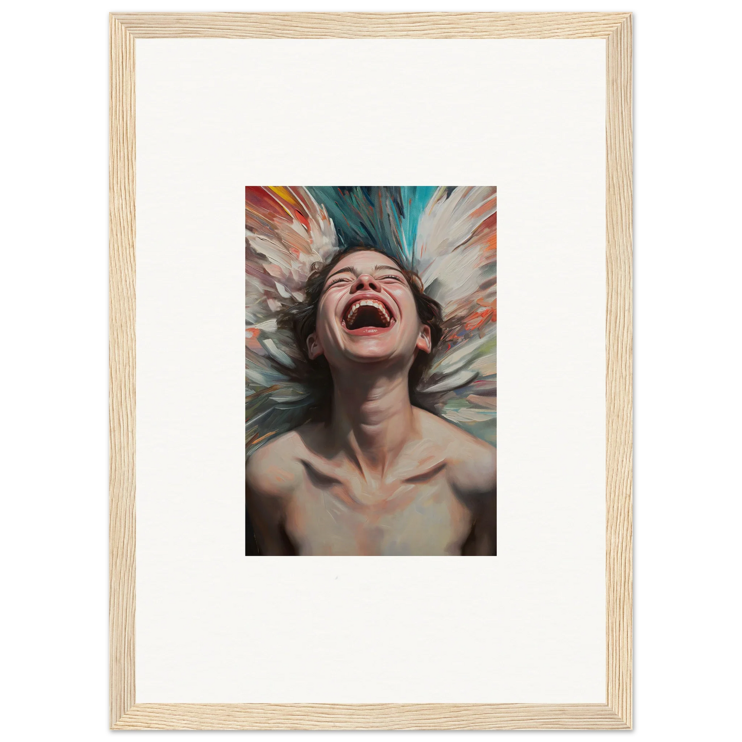 Joyful person laughing in a framed canvas print for vibrant aura bloom room decoration