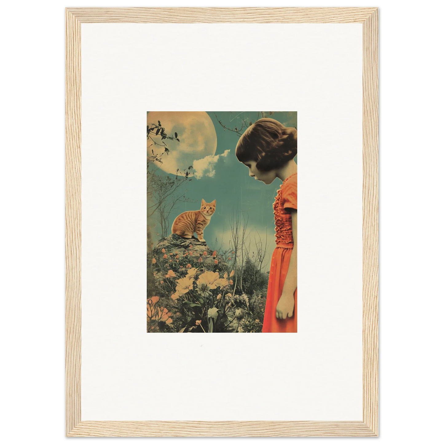 Vintage canvas print of woman in red dress and cat, perfect for whimsy reverie room decoration