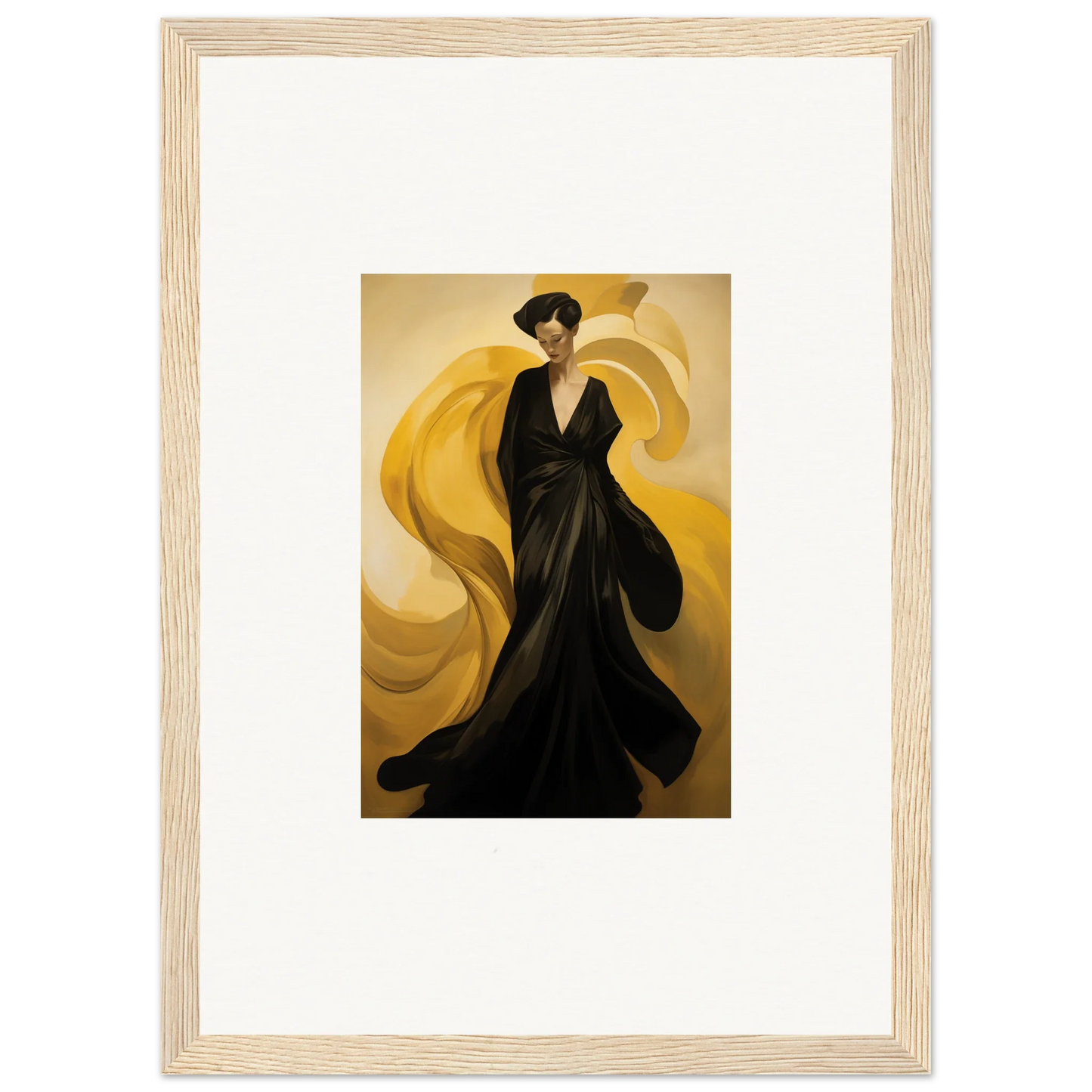 Framed canvas print of a figure in a black gown, perfect room decoration with sun waves vibe