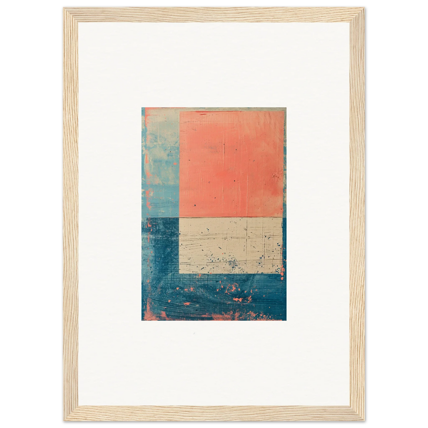 Framed canvas print of Palette Whispers with coral, blue, and beige for cool room decoration