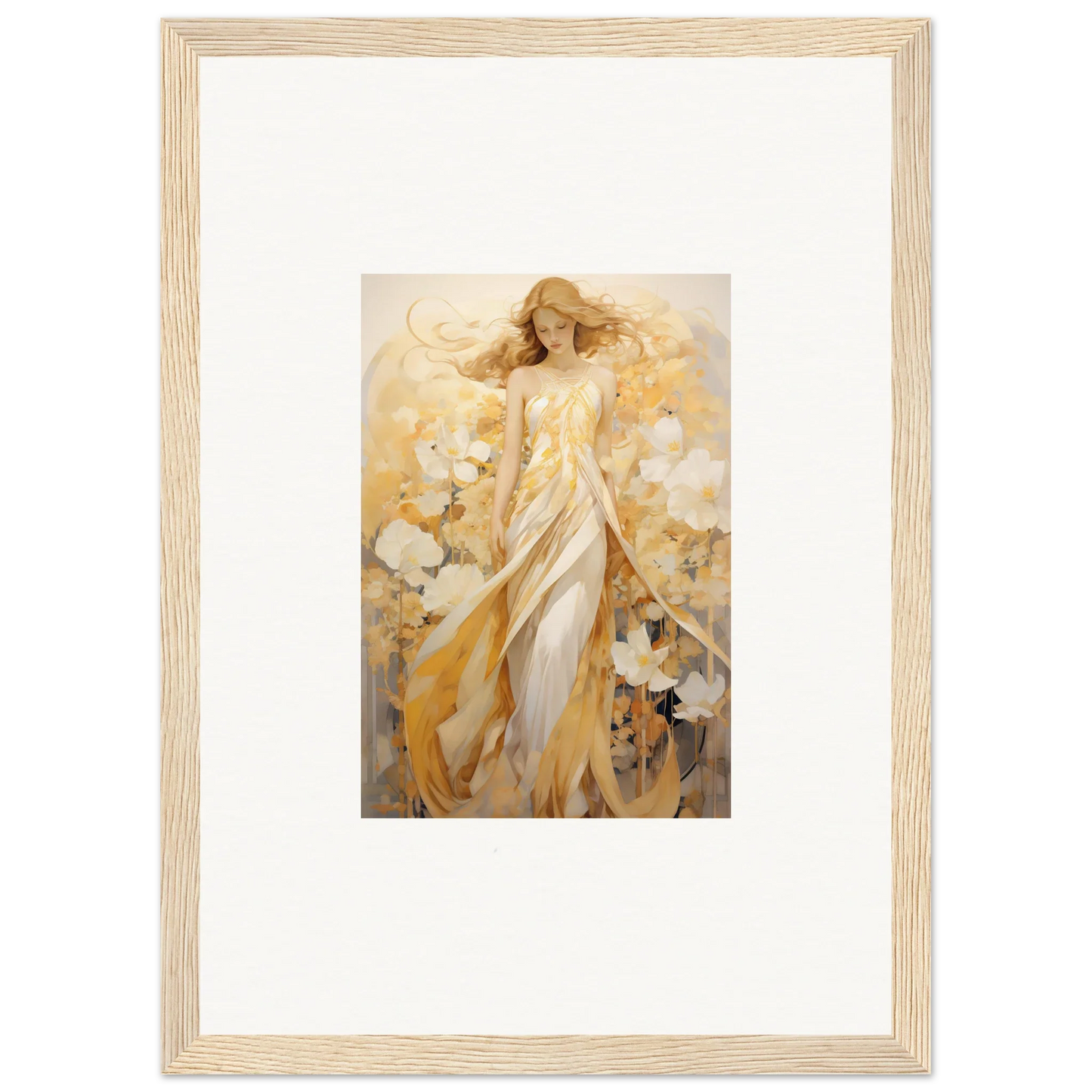 Framed canvas print of an ethereal female in golden robes for room decoration