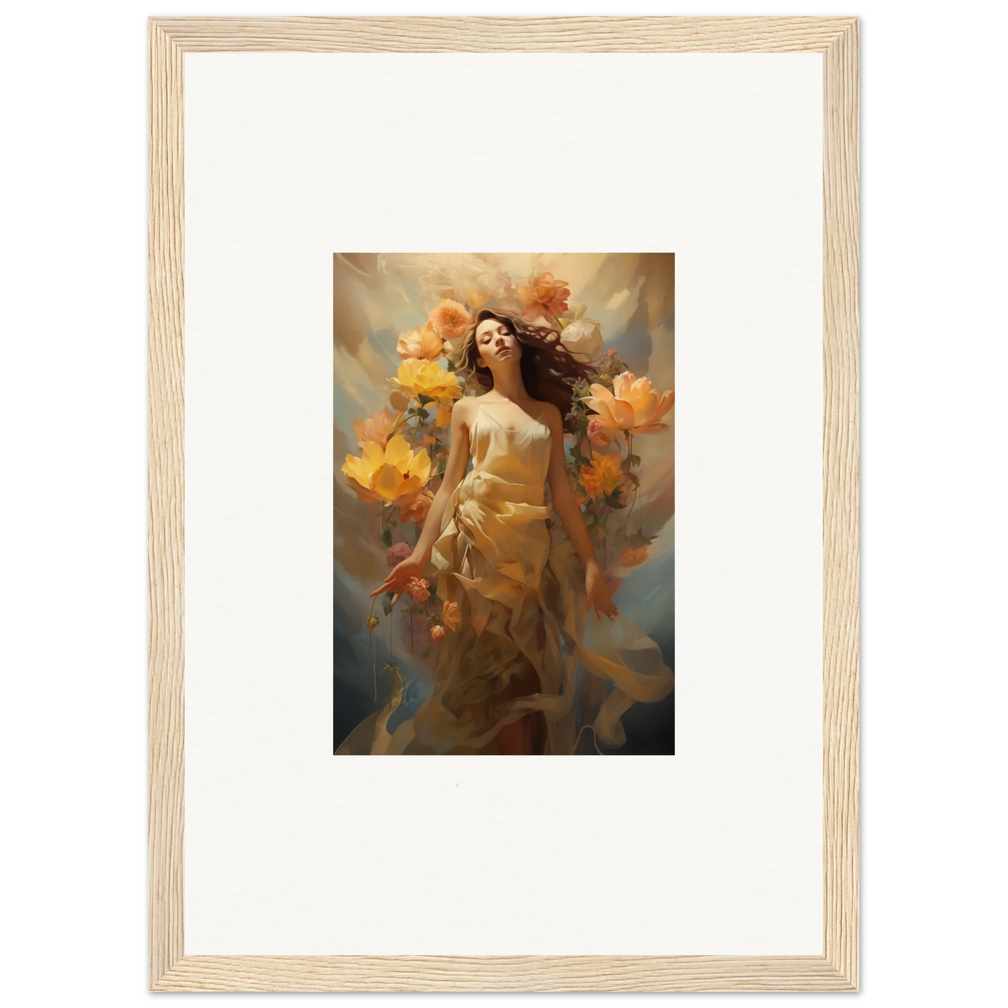 Framed canvas print of a woman with autumn blossoms, perfect for room decoration