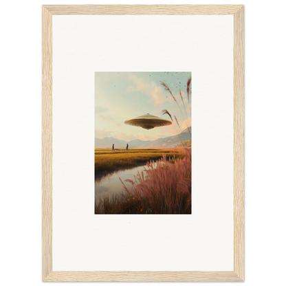 Framed wall art of a UFO over a marshy landscape for unique room decor