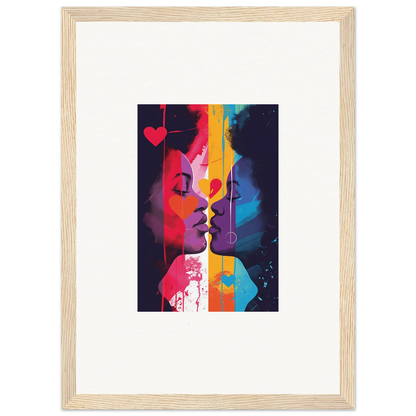 Colorful silhouettes kiss in this Luminous Heartwave Reflection canvas print for room decoration