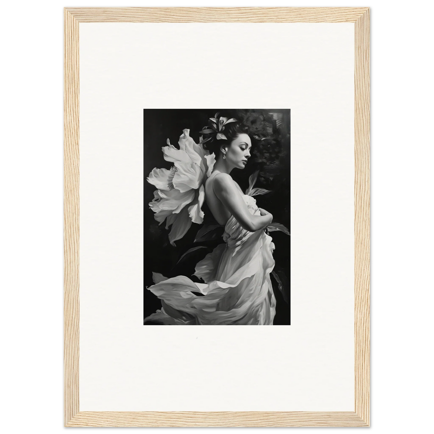 Black and white photo of a woman in a flowing dress, perfect for Duet Chrysalis canvas print