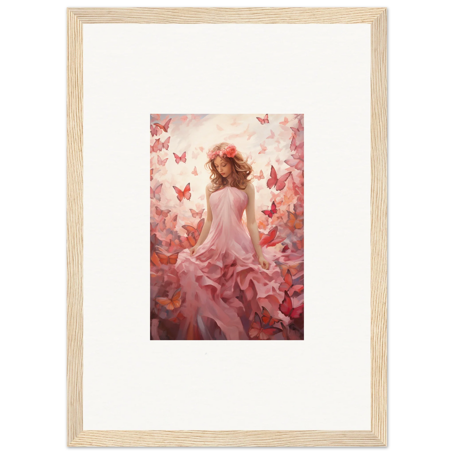 Framed canvas print of a figure in a pink dress with butterflies for autumn room decoration