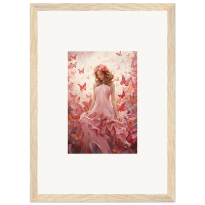 Framed canvas print of a figure in a pink dress with butterflies for autumn room decoration