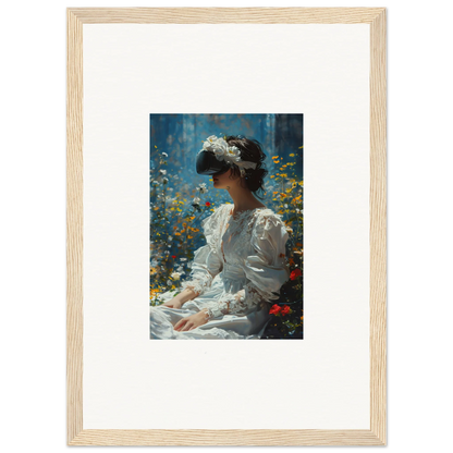 Framed canvas print of a woman in a white dress surrounded by flowers for bloom reverie room decoration