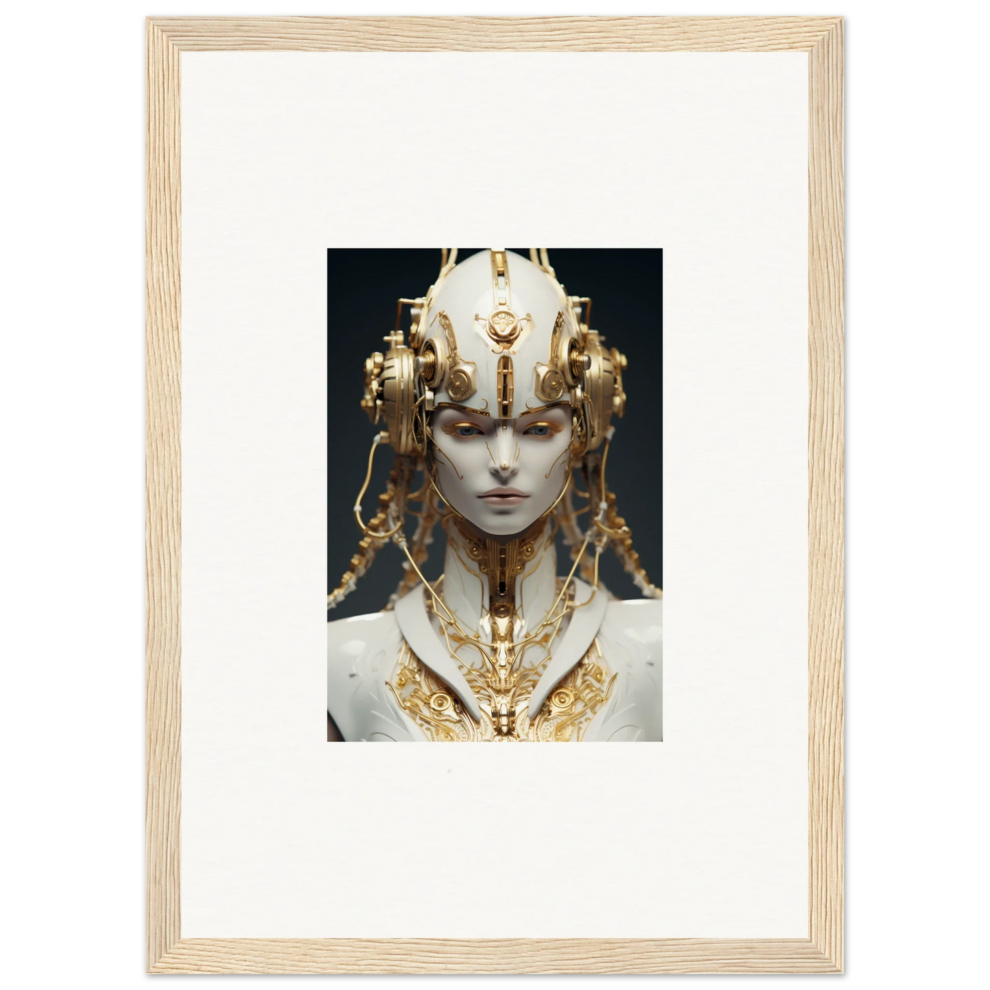 Ornate golden headdress on a pale face, perfect for Flux Radiance room decoration