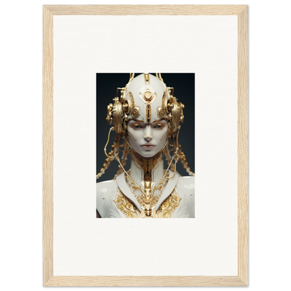 Ornate golden headdress on a pale face, perfect for Flux Radiance room decoration