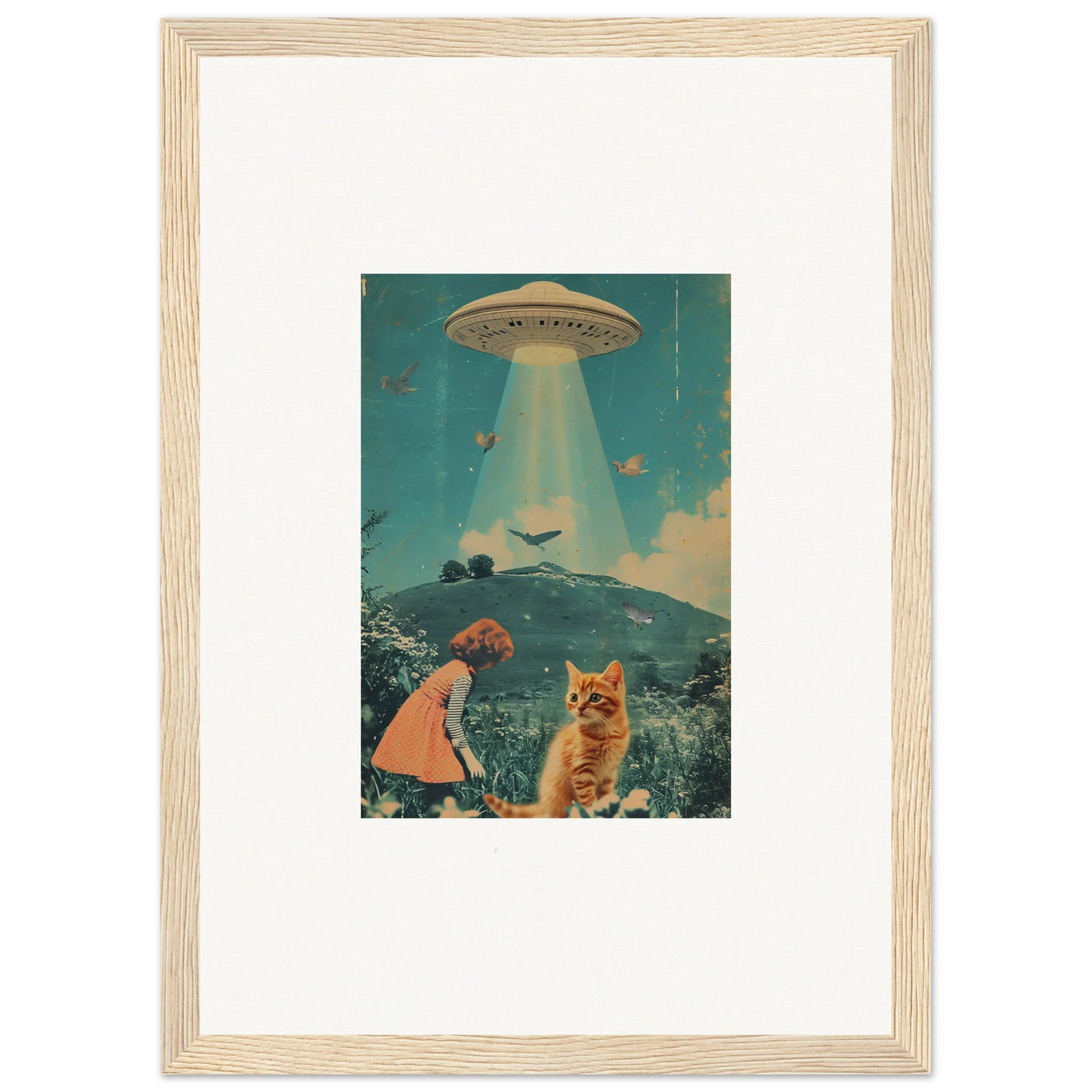 Framed canvas print showing surreal UFO, child, and cat for unique room decoration