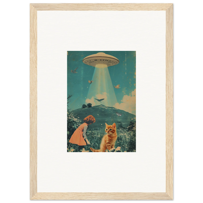 Framed canvas print showing surreal UFO, child, and cat for unique room decoration