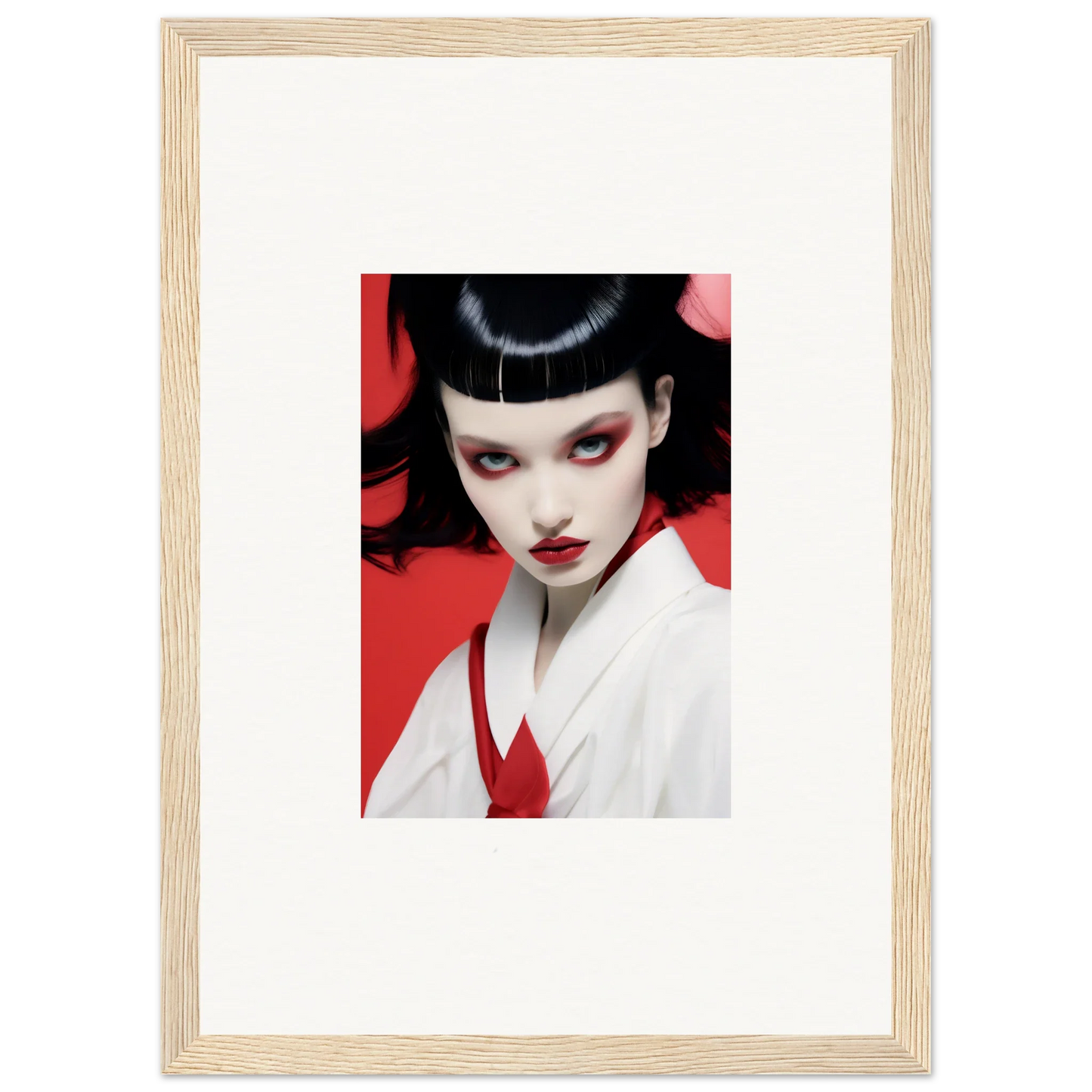 Framed canvas print of a woman with geisha makeup, perfect for cherry dream room decoration