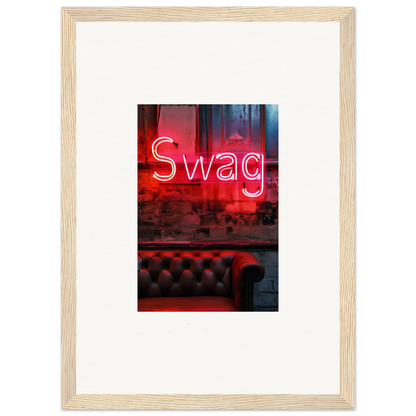 Framed red neon Swag sign above a leather couch – perfect wall art for room decoration