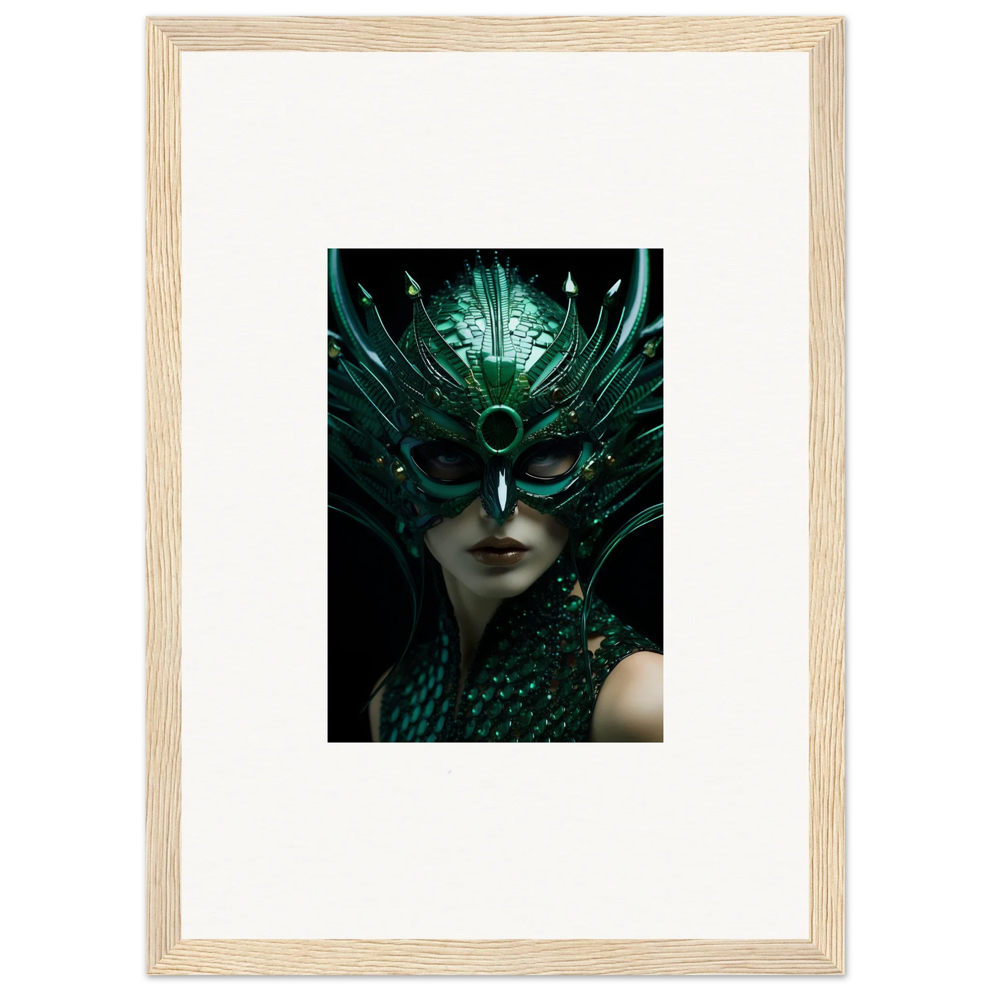 Ornate green mask with feathers, perfect for Enigma Enunciations room decoration canvas print