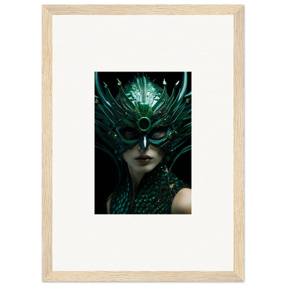 Ornate green mask with feathers, perfect for Enigma Enunciations room decoration canvas print