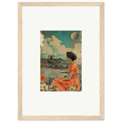 Framed canvas print of a woman in an orange dress for vibrant room decoration