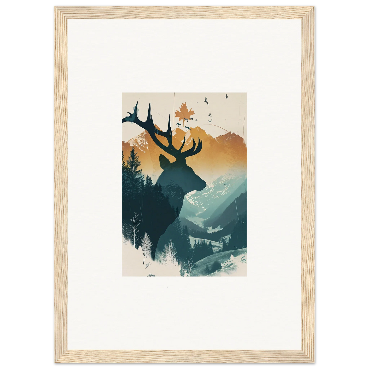 Framed canvas print of a stag haze silhouette in a scenic mountain room decoration