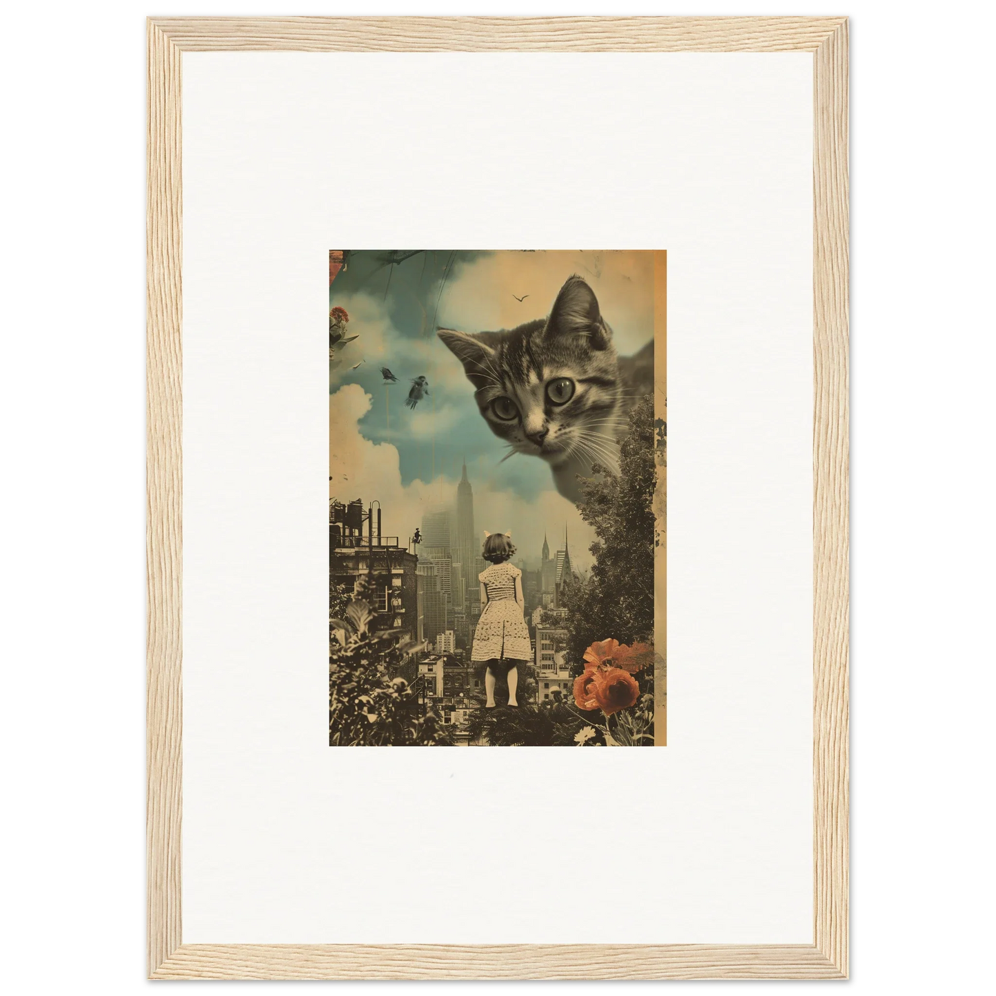 Framed surrealist wall art of a giant cat’s face watching a cityscape for cool room decoration