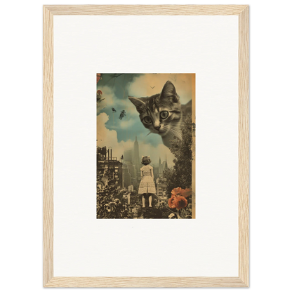 Framed surrealist wall art of a giant cat’s face watching a cityscape for cool room decoration