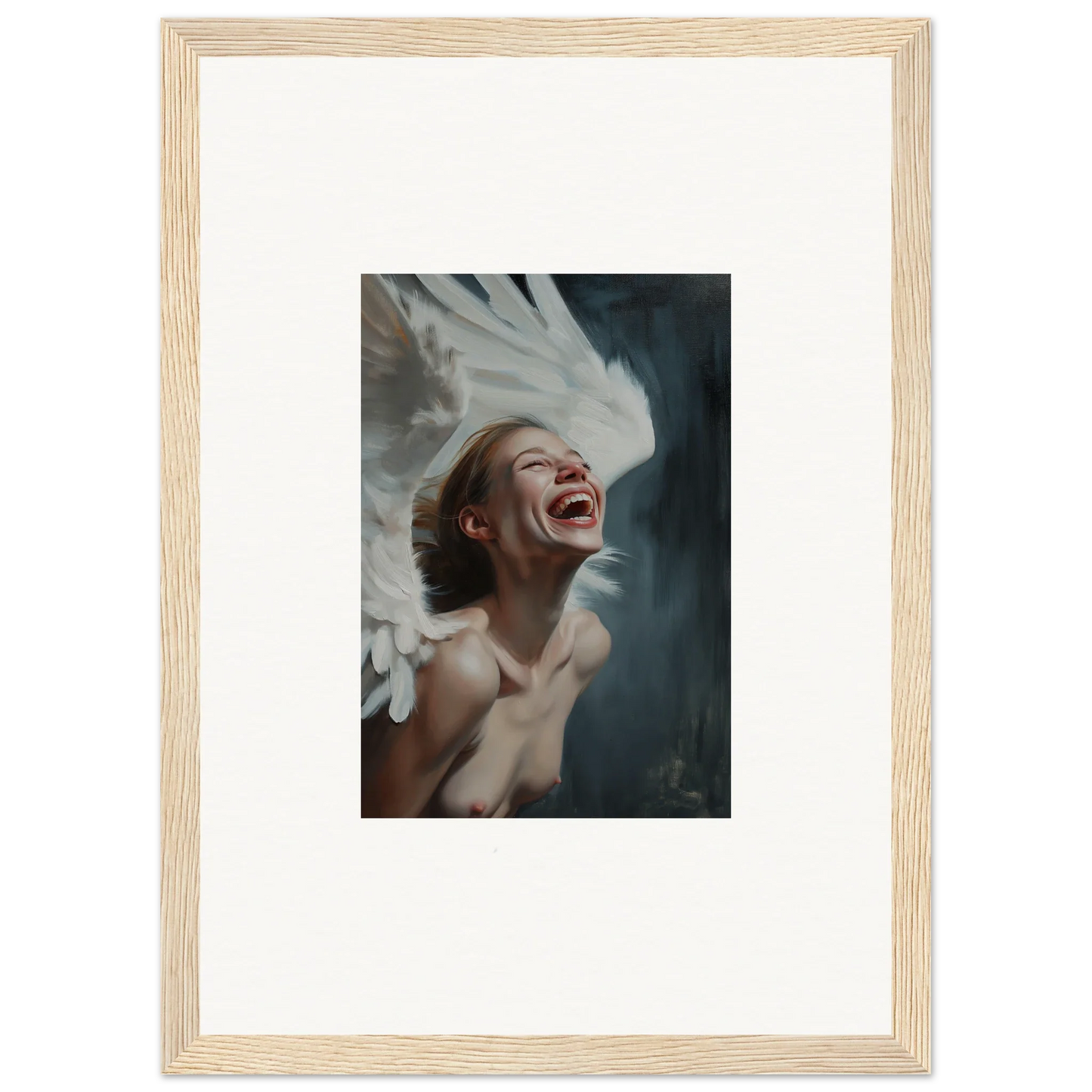 Framed canvas print of a person laughing, surrounded by swirling white smoke for ecstasy mosaic room decoration