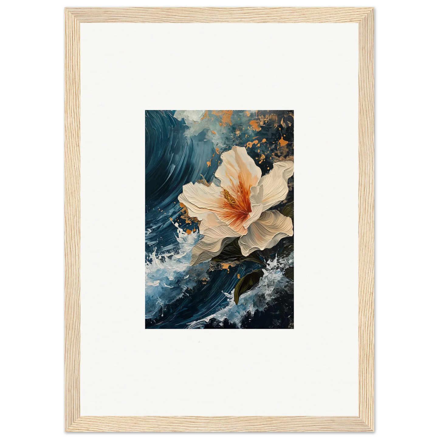 Framed canvas print of a white and orange hibiscus, perfect for room decoration with petal waves