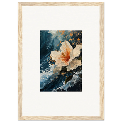 Framed canvas print of a white and orange hibiscus, perfect for room decoration with petal waves