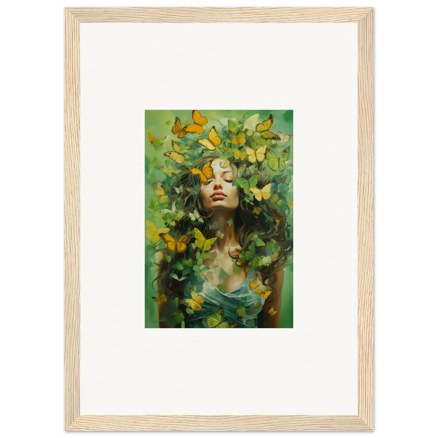 Framed canvas print of a woman in foliage and butterflies, perfect for room decoration