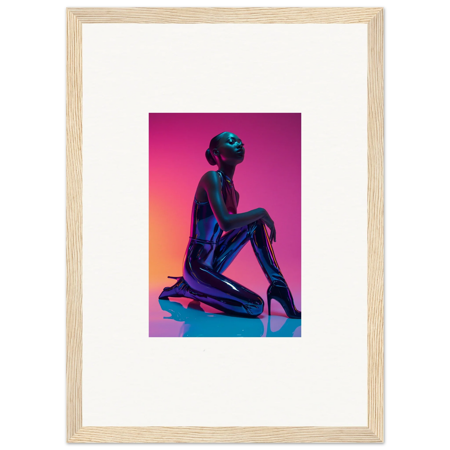 Silhouette of a metallic figure on a neon vortex canvas print for cool room decoration