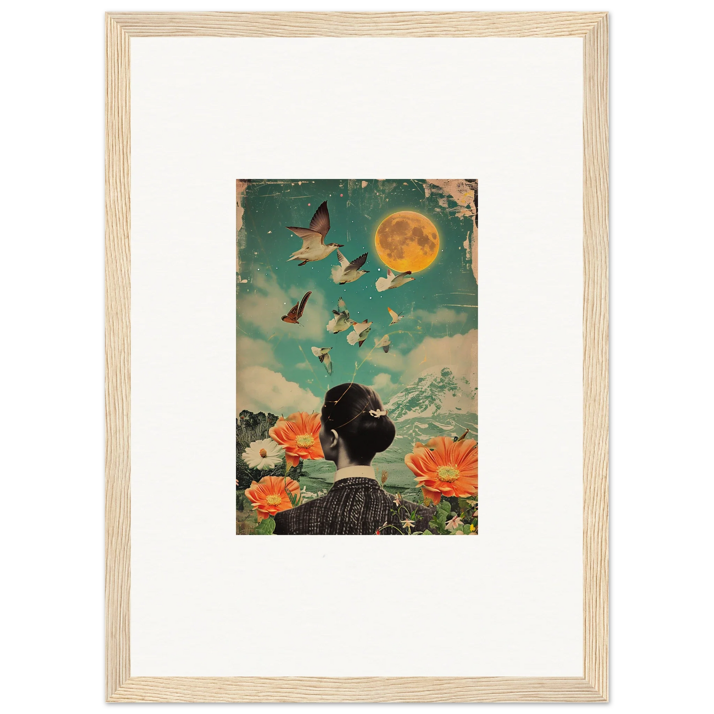 Framed canvas print of Lunar Bloom Reverie with surreal scene, flowers, and moon