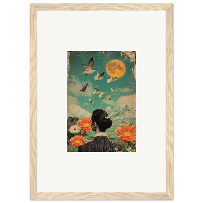 Framed canvas print of Lunar Bloom Reverie with surreal scene, flowers, and moon