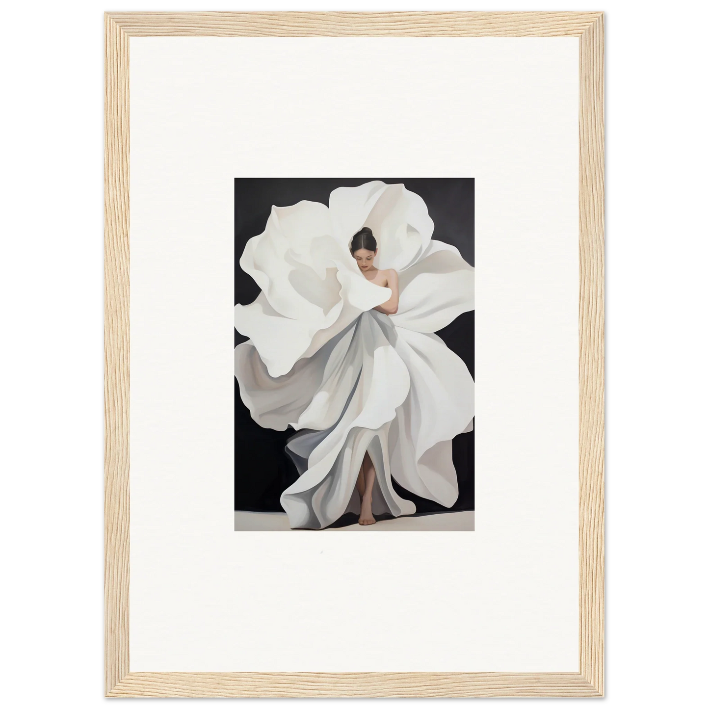 Framed canvas print of a person in a flowy white dress, perfect for room decoration, Ethereal Petal Whispers