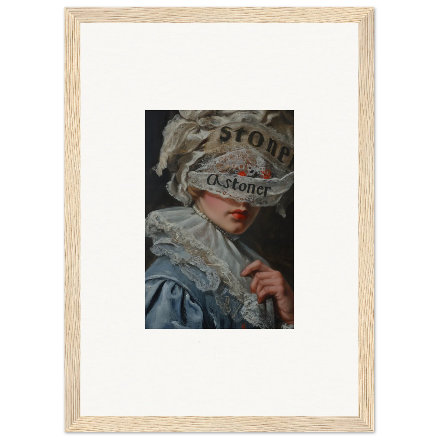 Framed canvas print of a figure in 18th-century attire with obscured eyes for room decoration