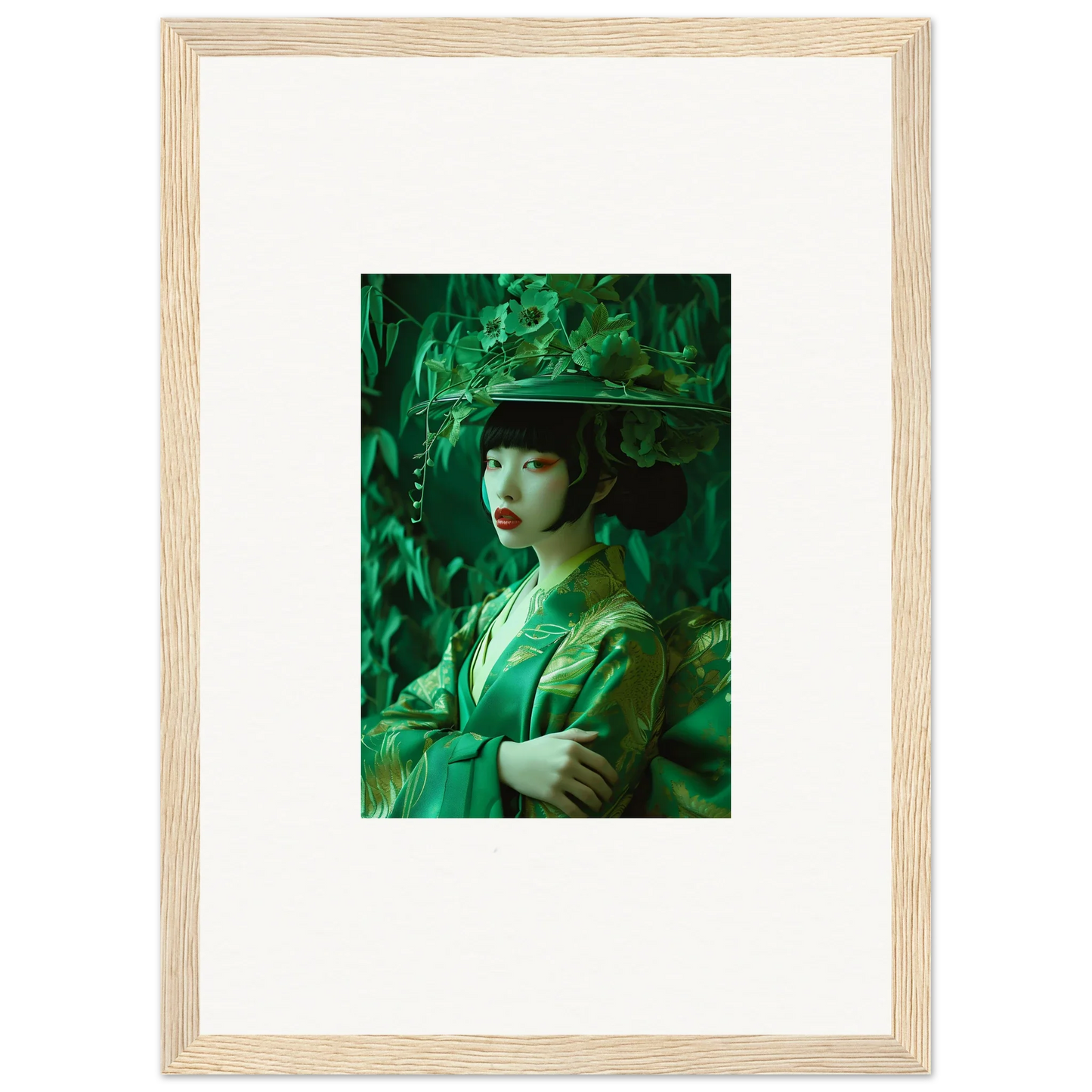 Framed portrait in green hues, perfect for room decoration with Flora’s Whispering Spectacle