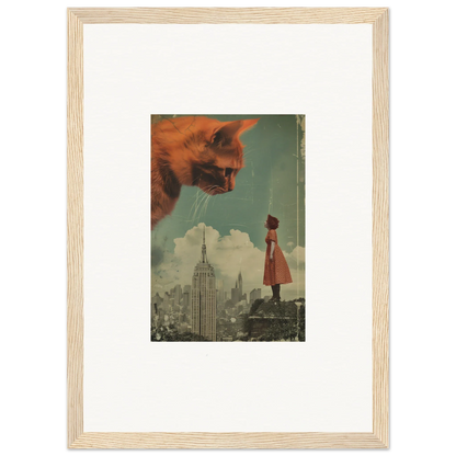 Framed surrealist wall art featuring a giant cat head in a cityscape, Giants Gaze