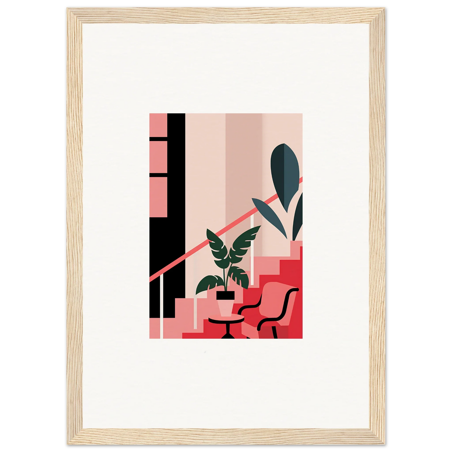 Framed canvas print of a minimalist interior scene with pink and green daydream expression