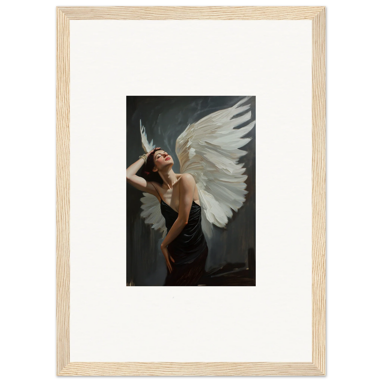 Framed canvas print of Ethereal Femme Ascent with white wings for room decoration