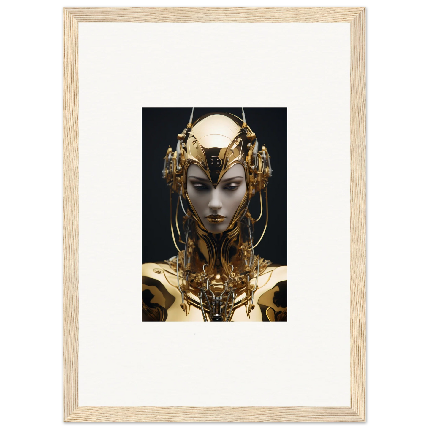 Futuristic golden robotic humanoid with ornate headpiece for chic room decoration