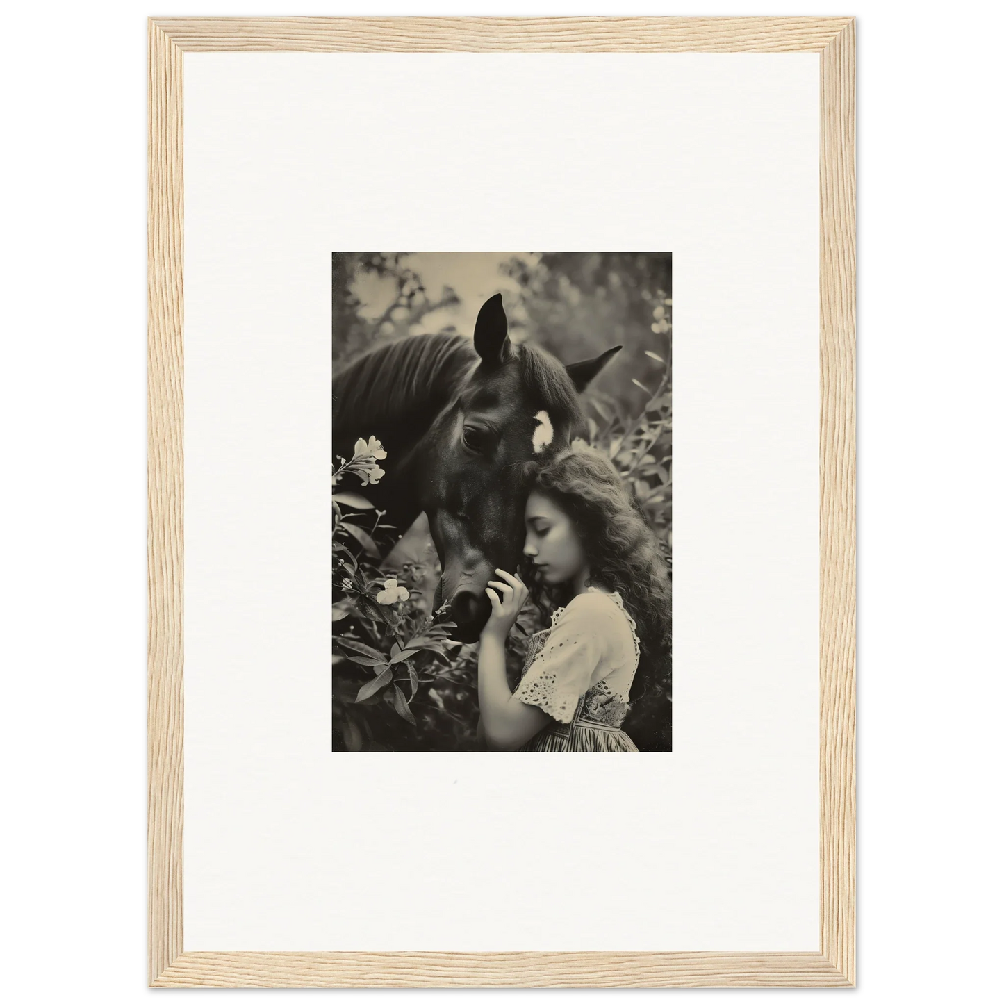 Young girl hugging a horse in a black and white canvas print for Equinox Whispers