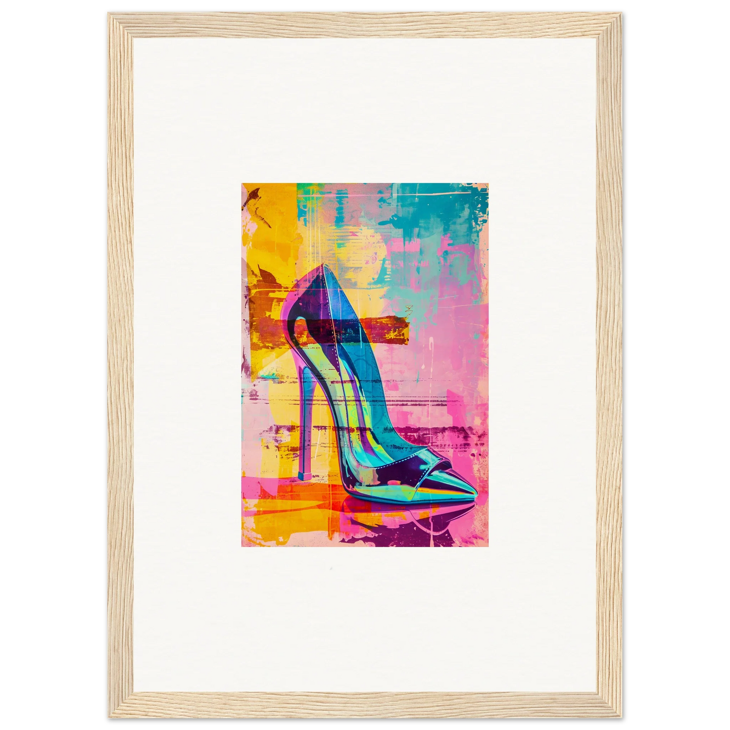 Vibrant pop art high-heeled shoe for stylish Room Decor and Noir Reverie wall art