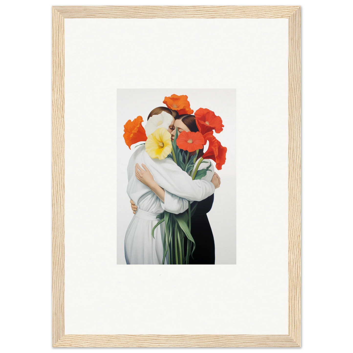 Framed canvas print of Floral Vortex Embrace with two figures surrounded by flowers